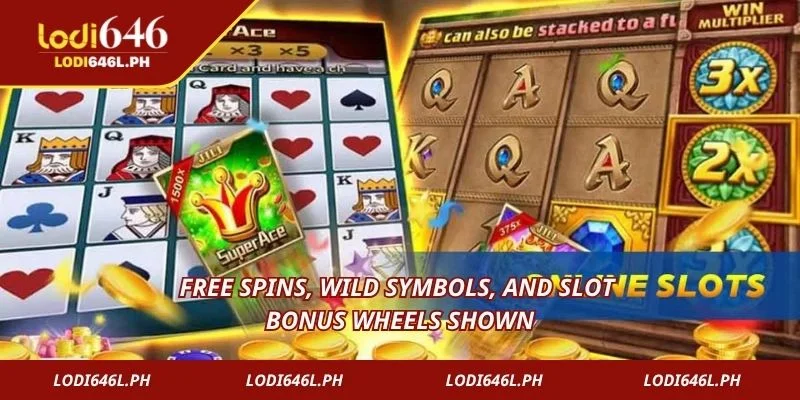 Free spins, wild symbols, and slot bonus wheels shown